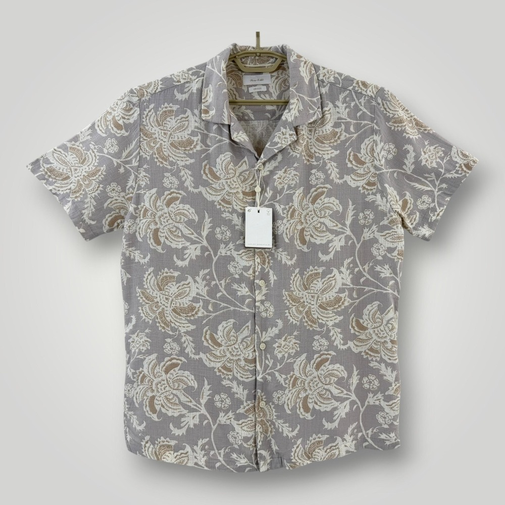 Porter & Ash Floral Linen Blend Shirt Mens M Gray Camp Button Up Resort Casual